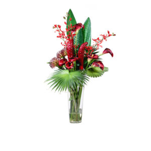 Artificial-silk-Calla-lily-&-Ginger-flower-stems-&-Fan-Palm-leaves-set-in-a-clear-glass-vase-(IKE071)-Burgundy---91cm