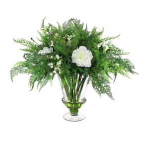 Artificial-silk-Fern-bush-Peony-stems-set-in-a-clear-glass-vase-DP296-Green-73cm