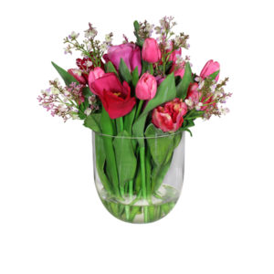 Artificial-silk-Mixed-Pink-Tulips-set-in-a-clear-glass-vase-B323-Mixed-44cm