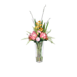 Artificial-silk-Protea-Vanda-stems-set-in-a-clear-glass-vase-IKE077-Mixed-108cm