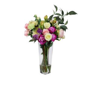 Artificial-silk-Rose-&-Peony-stems-with-greenery-set-in-a-clear-glass-vase-(LB175)-Mixed---80cm