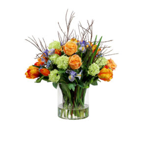 Artificial-silk-Rose,-Tulip-&-Snowball-stems-set-in-a-clear-glass-vase-(B312)-Mixed---61cm