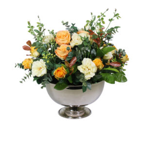 Artificial-silk-Rose-stems-Greenery-set-in-a-silver-rose-bowl-tin-P1167-Cream-53cm