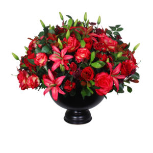 Artificial-silk-Roses-set-in-a-bronze-rose-bowl-tin-DP297-Mixed-70cm